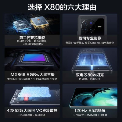 vivo X80 天玑9000旗舰芯片 自研芯片V1+ 蔡司T*光学镜头 双电芯80W闪充 拍照手机