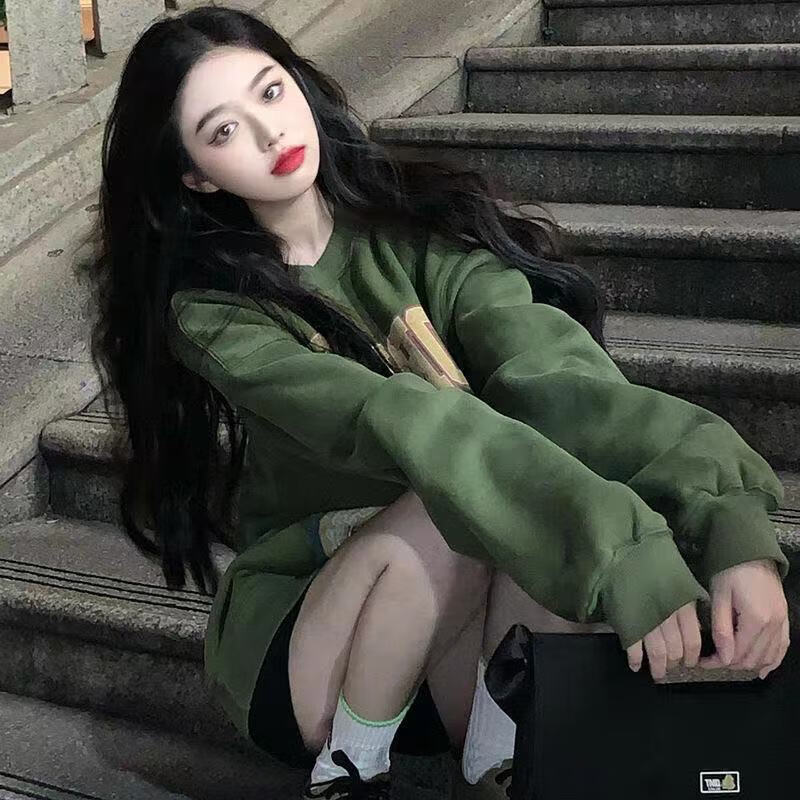 墨绿色卫衣女加绒加厚2022年秋冬季新款美式复古情侣套头圆领上衣