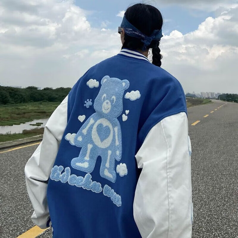 2022秋冬棒球服女情侣班服宽松显瘦加绒加厚外套2-300斤可穿 蓝色