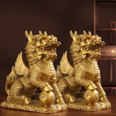 吉祥麒麟35CM高/一对价（带2条铜五帝钱）