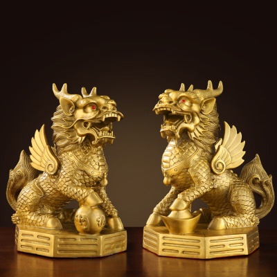 八卦麒麟15CM高/一对价（带2条铜五帝钱）