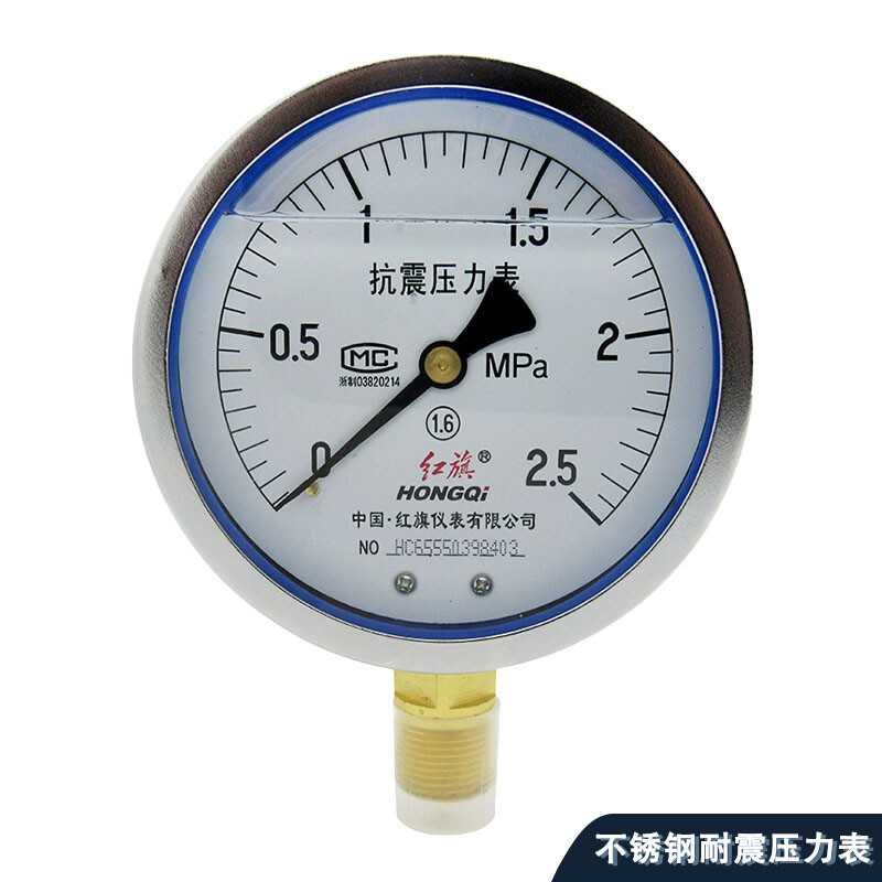 红旗 不锈钢耐震压力表 Y100 0-1.6MPa 性能稳定 1个
