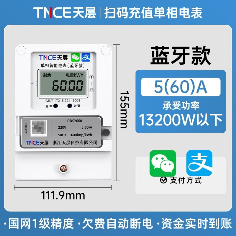 天层（TNCE）智能电表出租房4G扫码充值预付费单相分户抄表 单相5(60)A