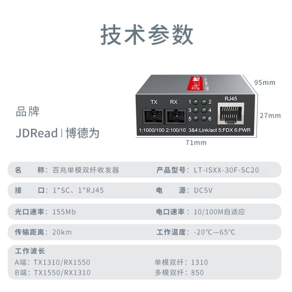 JDRead博德为百兆单模双纤光纤收发器光电转换...