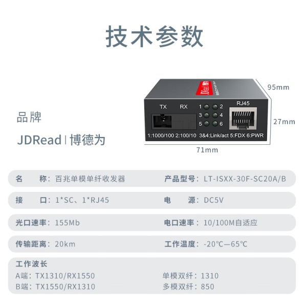 JDRead博德为百兆单模单纤光纤收发器光电转换...