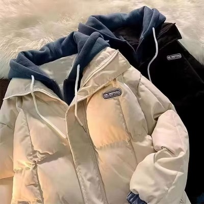 美式拼接假两件连帽羽绒棉服男 外套潮流情侣装新款...