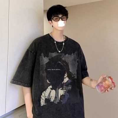 夏季潮ins时尚潮牌男T恤水洗做旧卡通动漫城市风...