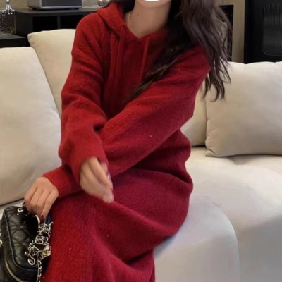 秋冬新款韩系纯色温柔中长款连帽宽松百搭打底裙女针... 